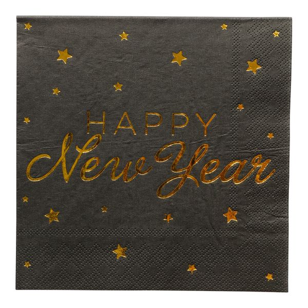 Sorte Servietter med Gulltekst Happy New Year | 16stk | 3-lags
