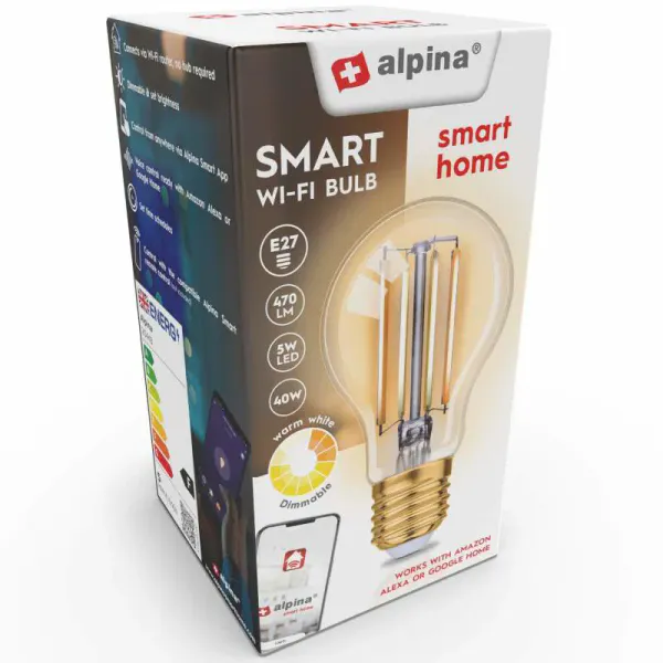 Alpina WiFi Smart E27 LED Filament Varm hvit 5,5W 470lm Lyspære
