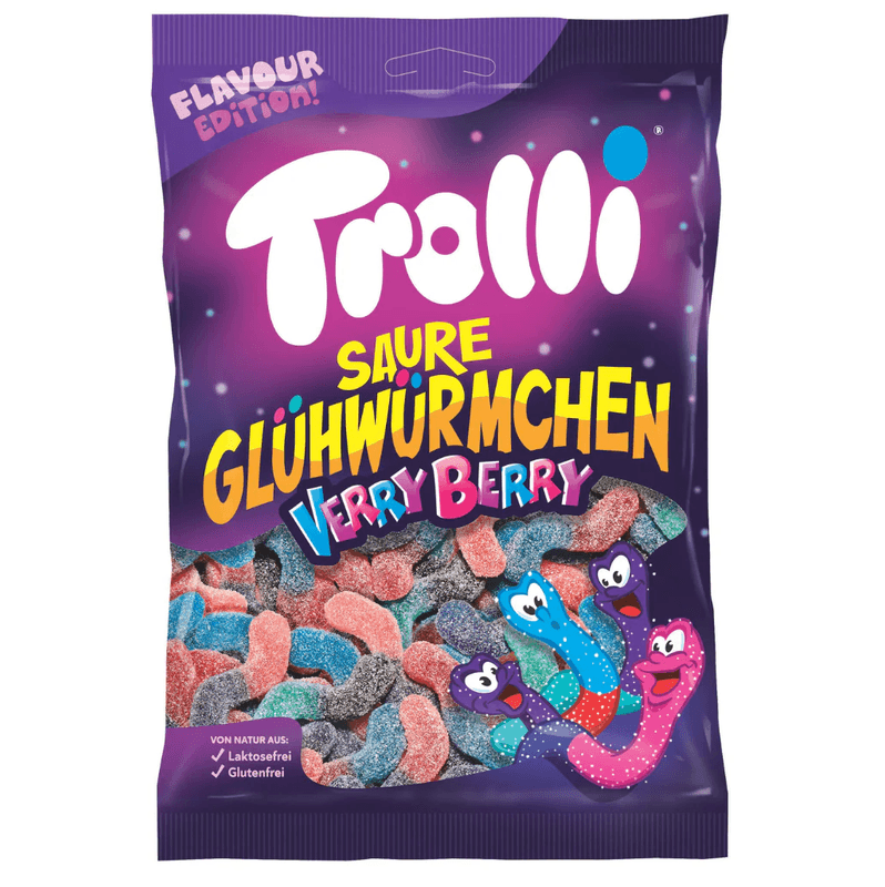 Trolli Sour Glowworms Very Berry 200g | Surt vingummi med bærsmak