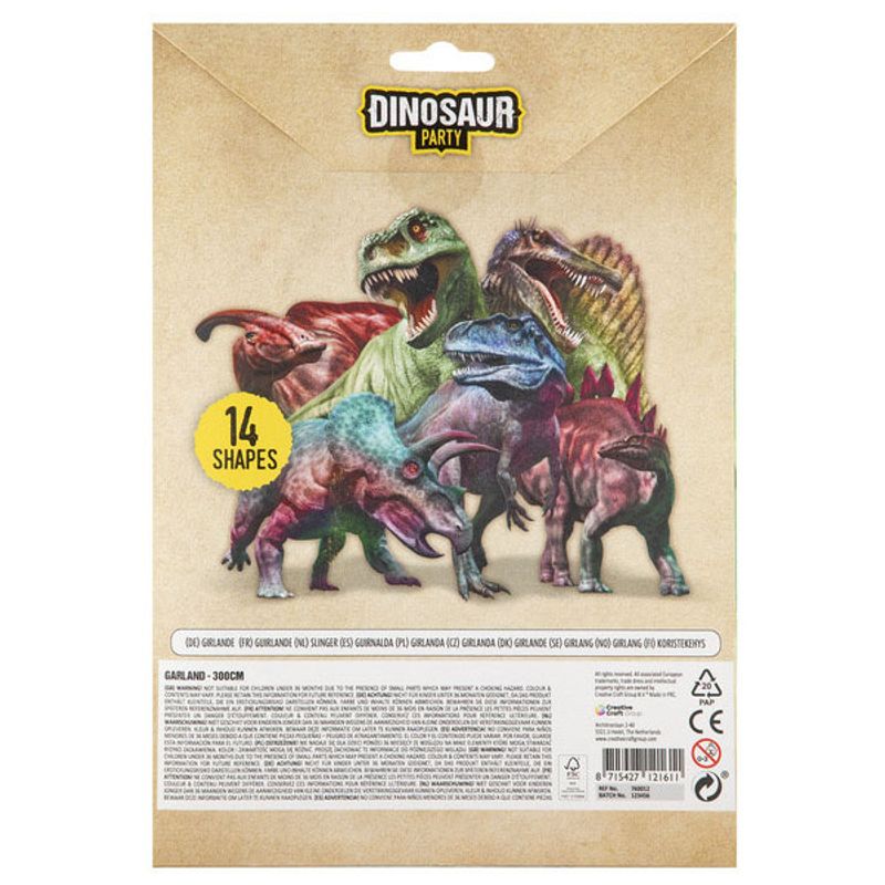 Dinosaur girlander 3m | Fargerik bursdagsdekor med 14 figurer